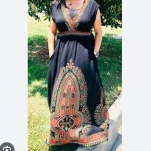 Black Maxi Dress with Coral and Gold Boho Print Slinky Fabric size S (fits M)